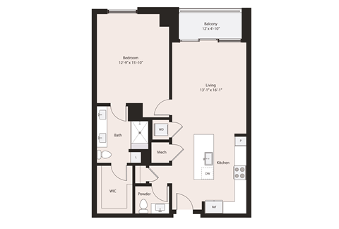 Deco A3-1 floorplan 1 bedroom 1.5 bathrooms 917 square feet